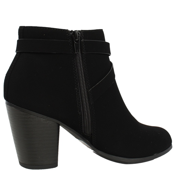 Black Strappy Elastic Stacked Heel Ankle Bootie - Picture 5 of 7